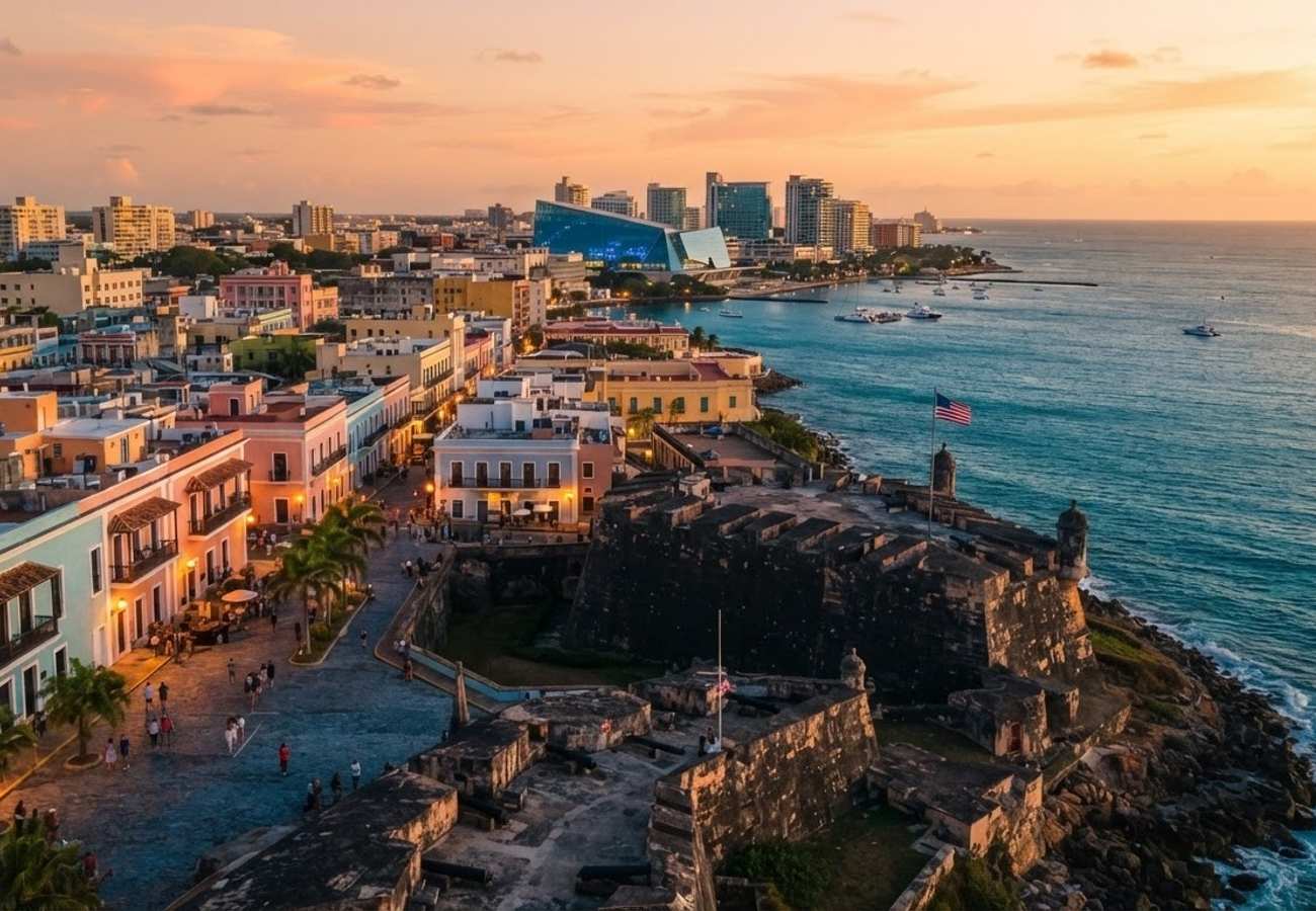 Aerial view of San Juan Convention Center and Puerto Rico coastline