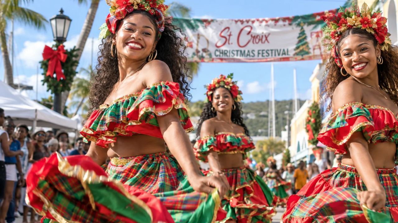 Vibrant Caribbean carnival parade dancers in colorful feather costumes on St. Croix