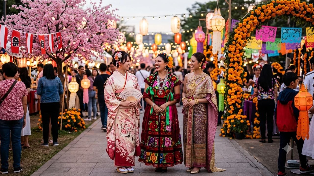 Global cultural festival celebrations showing illuminated lanterns, traditional ceremonial floats, and community street festivities across major international destinations