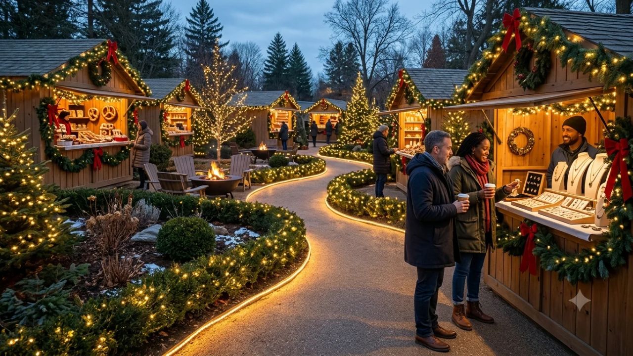 Festively decorated woodland holiday market with fairy lights, evergreen wreaths, and wooden stalls in winter