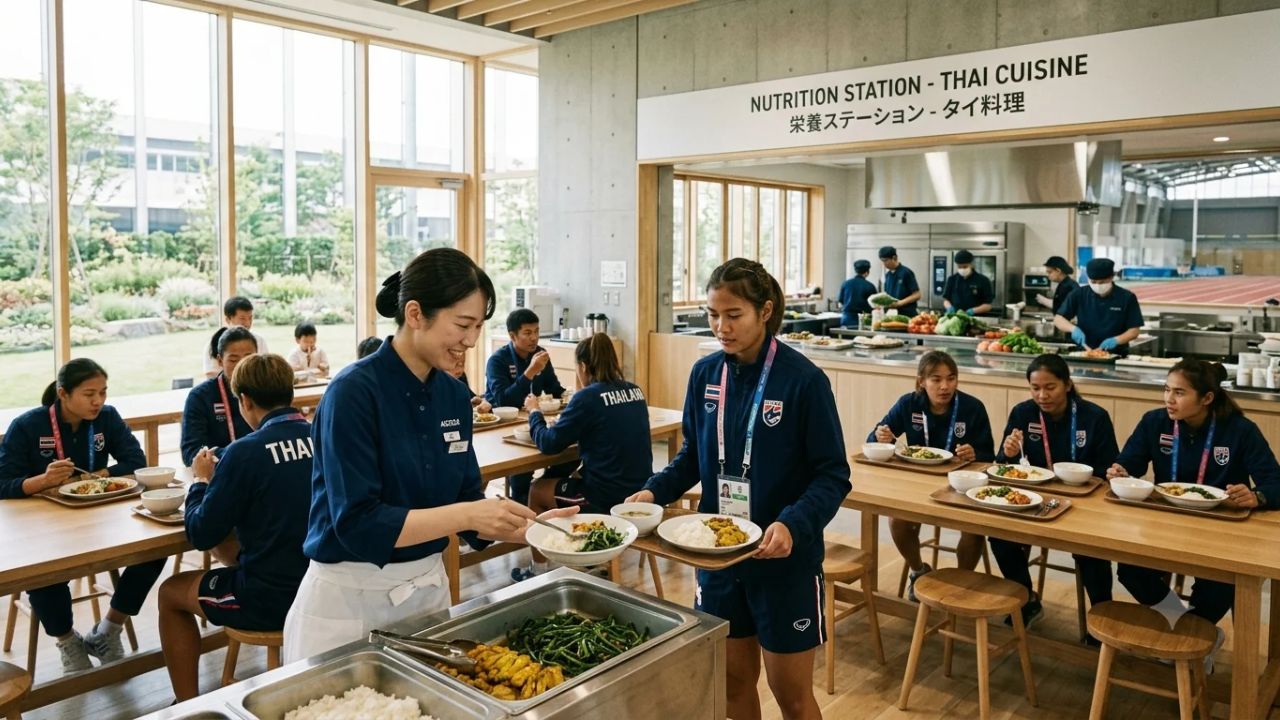 IMPACT Catering professional culinary team preparing athlete recovery nutrition for Thailand national delegation at 2026 Asian Games Japan