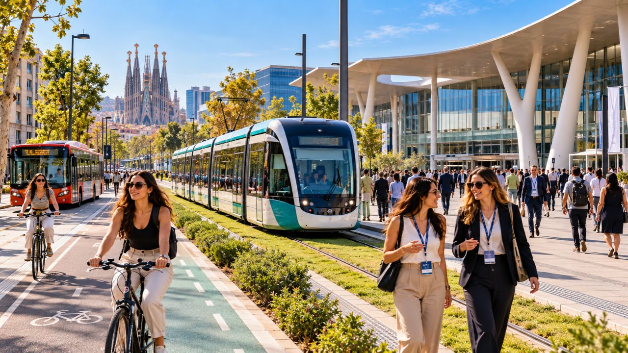 Modern electric public transit tram gliding through a futuristic European smart city square in Barcelona