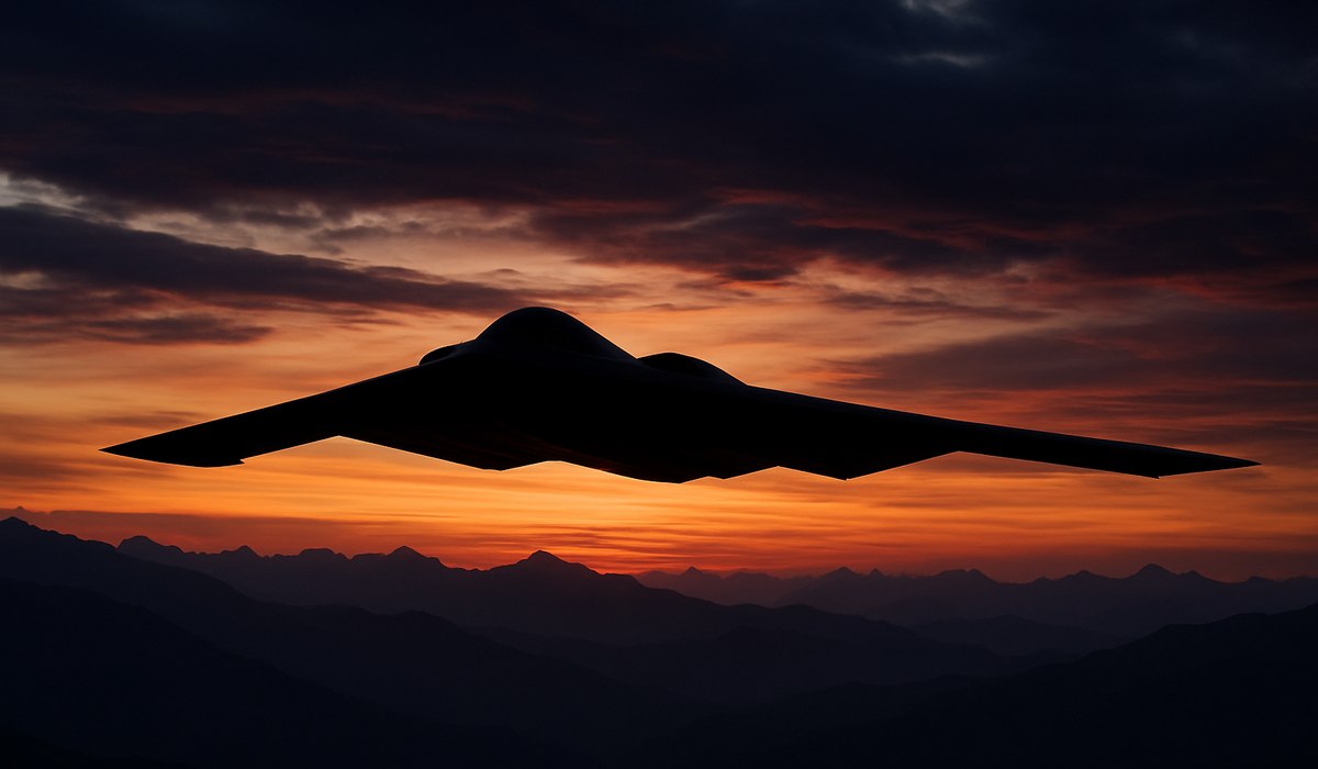 B-21 Raider stealth bomber in flight over desert landscape, 2026