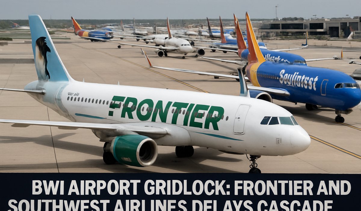 A highly dramatic, moody photograph of a massive, heavily delayed Southwest Airlines jet sitting on the wet tarmac at BWI Airport under dark gray skies, with ground crews standing idle
