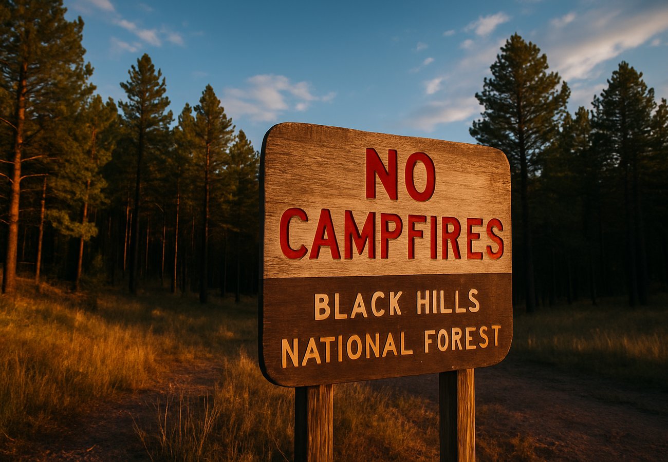A No Campfires warning sign posted at the entrance of Black Hills National Forest, surrounded by dense pine trees under clear blue skies.