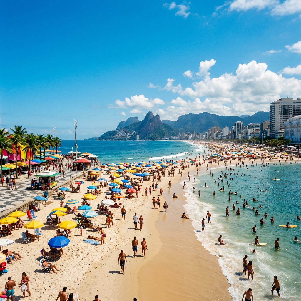 Vibrant sunny day at a famous Rio de Janeiro beach with tourists