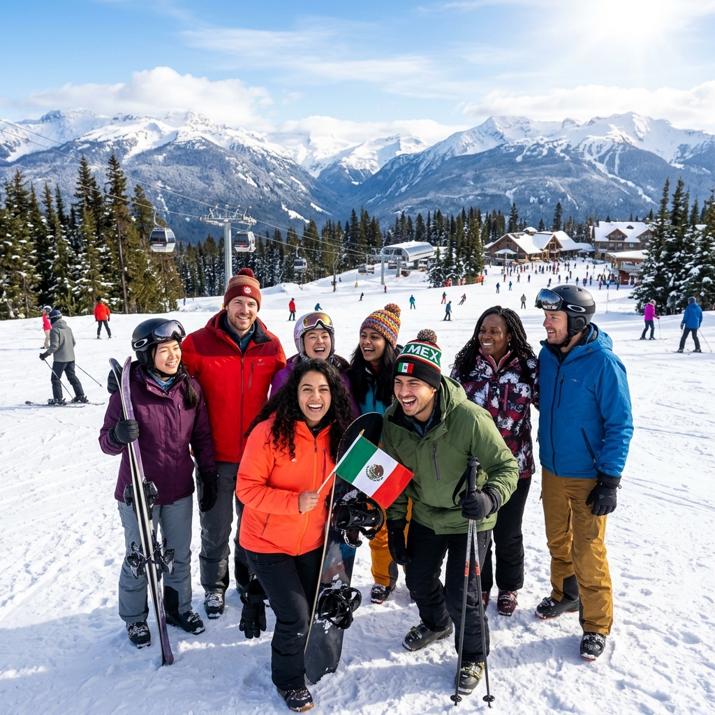 A group of diverse international tourists, including Mexican travelers, enjoying a scenic winter sports resort