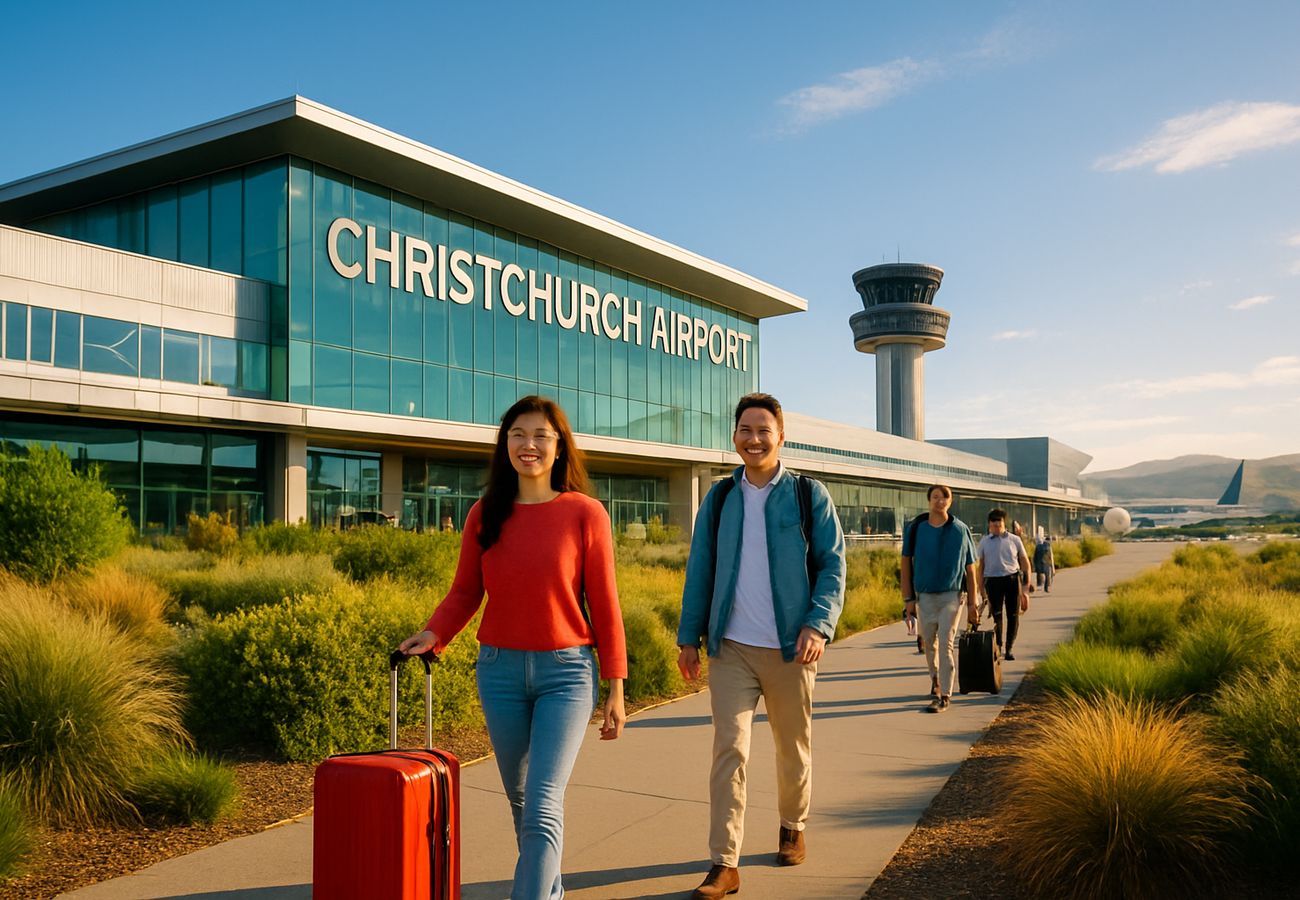 Christchurch Airport terminal with international arrivals board showing increased passenger traffic from Australia and China