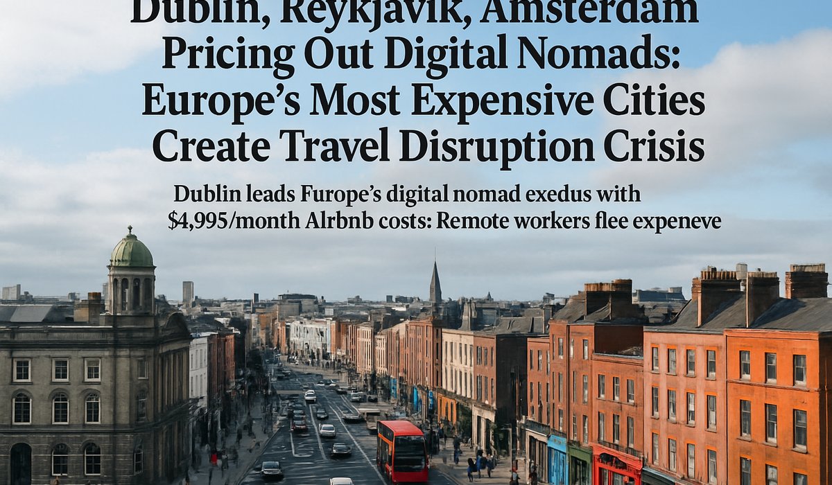 Digital nomads working on laptops in front of Dublin's iconic landmarks as accommodation costs soar