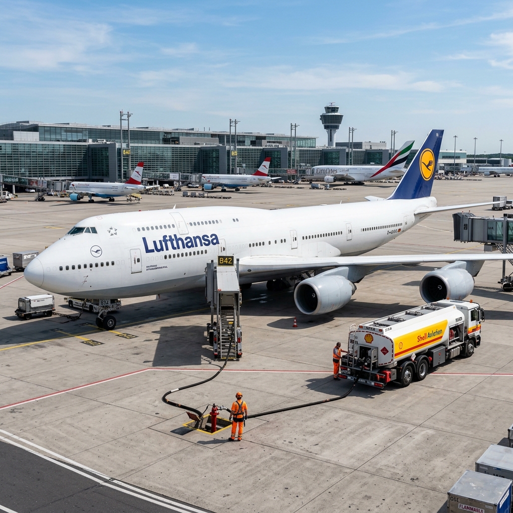 A large commercial passenger aircraft being fueled on the tarmac of a modern European airport
