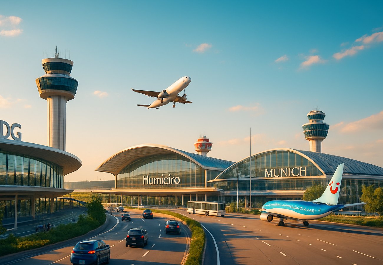 Modern airport terminal with passengers walking through bright, contemporary architecture
