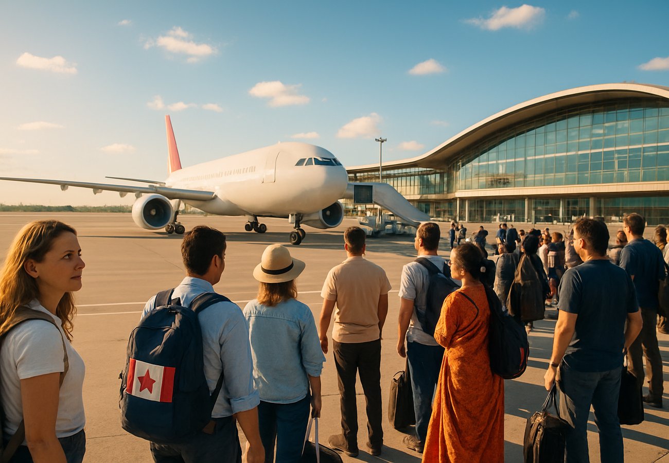 Hamad International Airport Qatar with stranded travelers and international flags representing global emergency response 2026