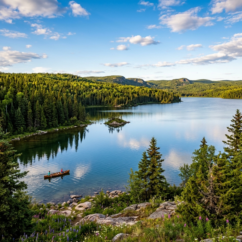 A breathtaking wide landscape shot of a pristine wilderness park in Manitoba