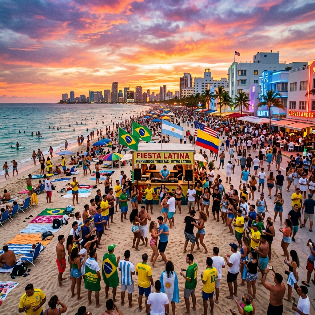 Miami beach packed with South American tourists at sunset