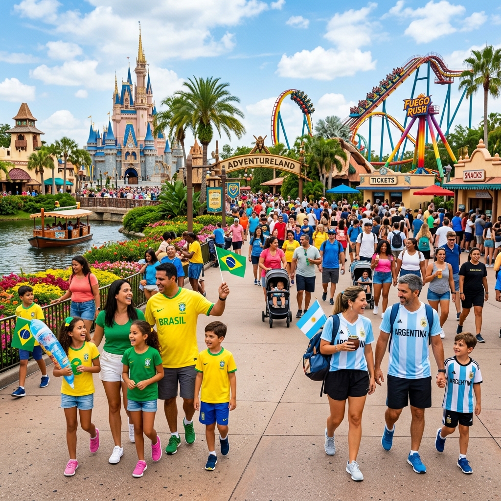 Families exploring an Orlando theme park under a sunny sky