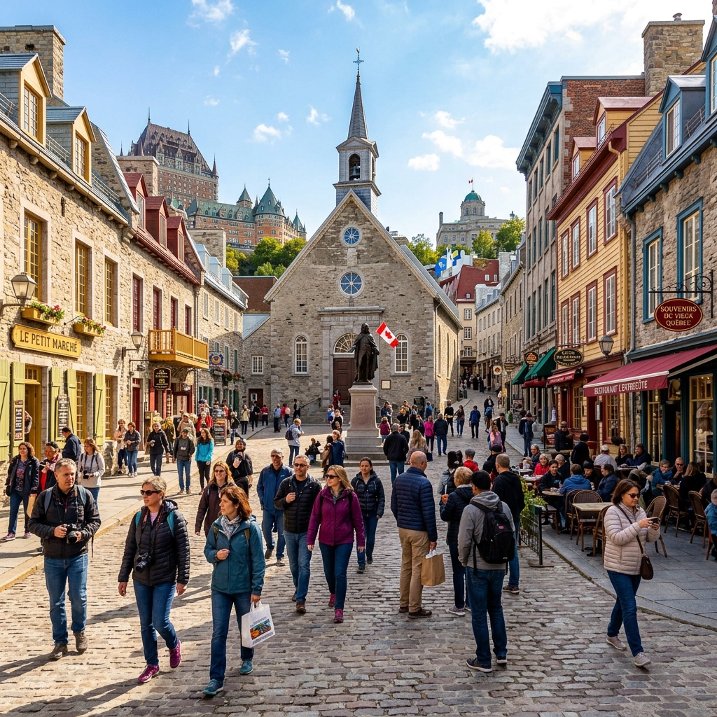 Tourists exploring the historic cobblestone streets of Place Royale in Quebec City