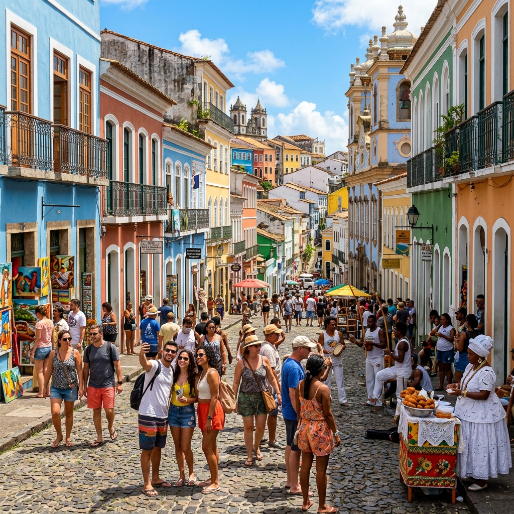 A colorful historical street in Salvador, Brazil