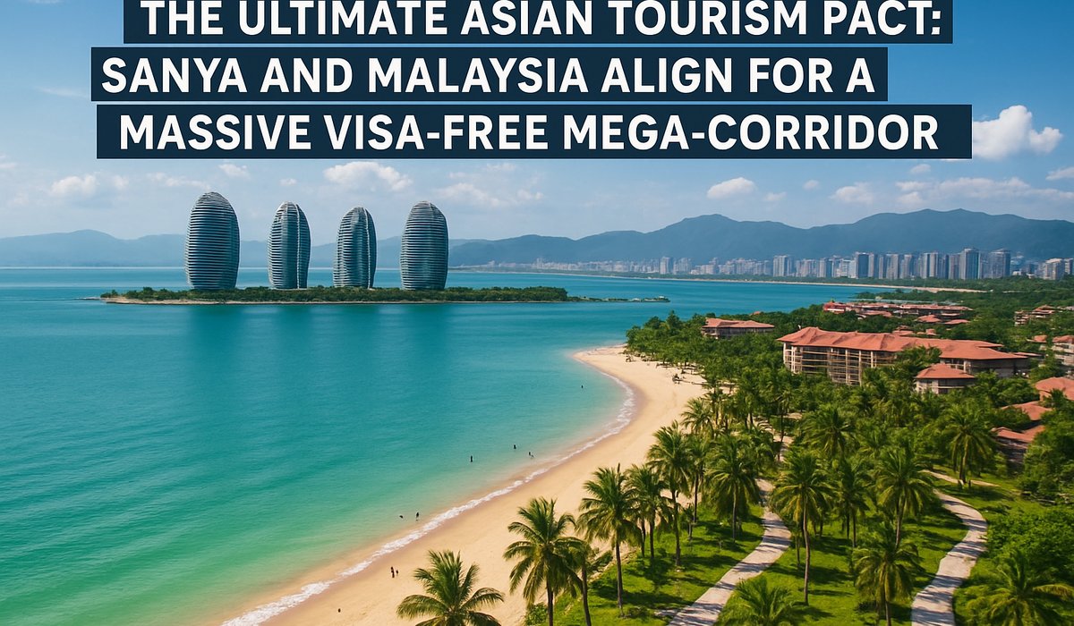 A highly cinematic, ultra-vibrant photograph splitting the pristine, palm-lined tropical beaches of Sanya, China with the massive, hyper-modern soaring skyline of Kuala Lumpur
