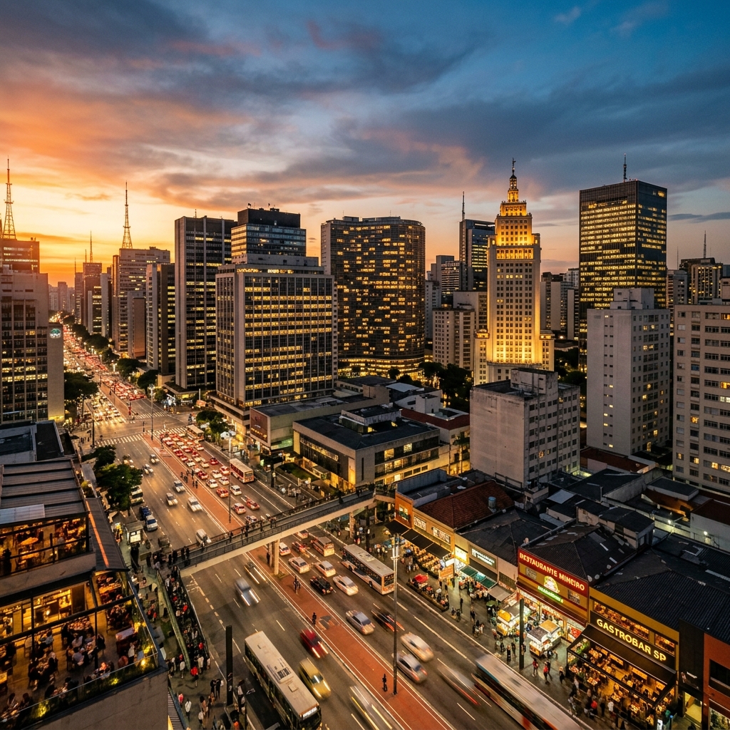 A dynamic urban wide shot of São Paulo's impressive modern skyline