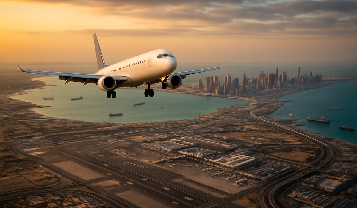 Aerial view of Strait of Hormuz with cargo ships and tankers amid geopolitical tensions affecting global travel