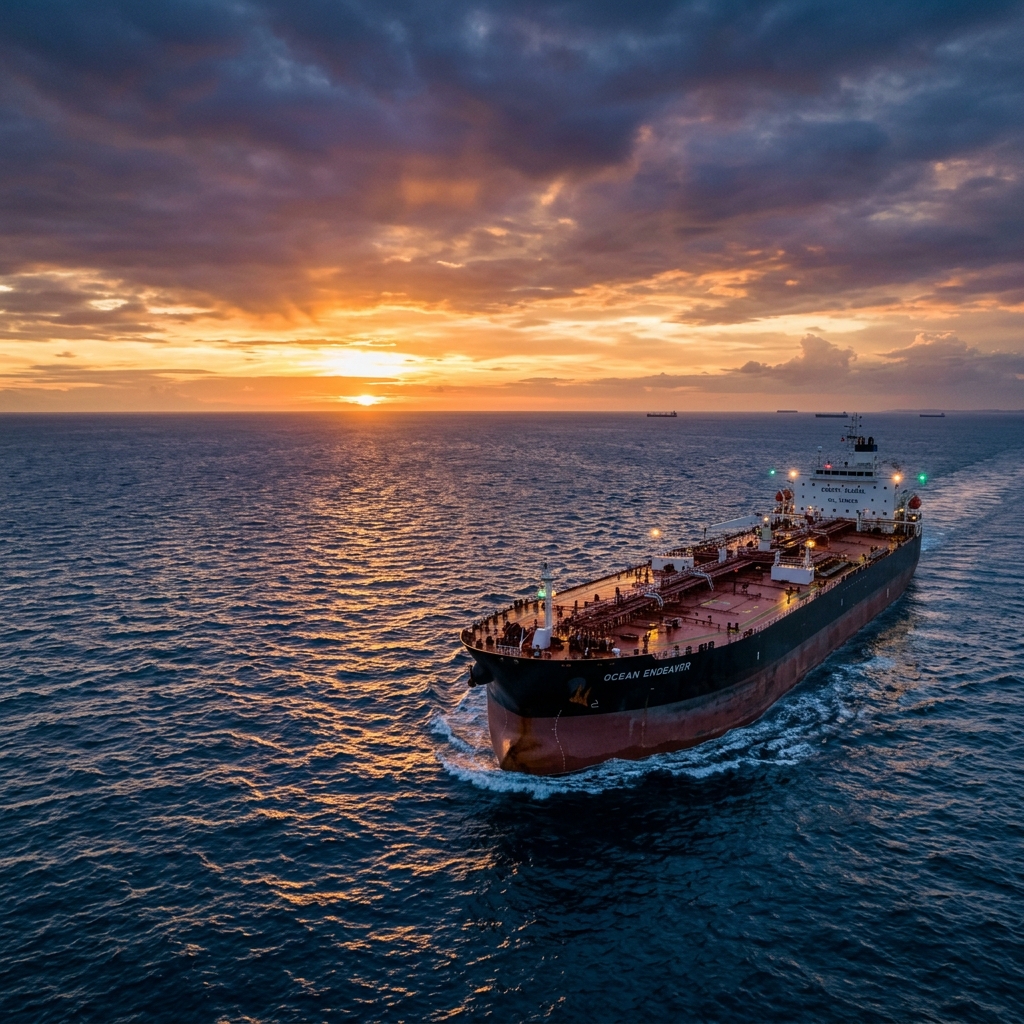 A massive oil tanker sailing through the open sea at sunset