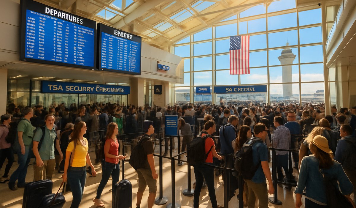 Busy US airport terminal packed with spring travelers and air traffic control tower in view