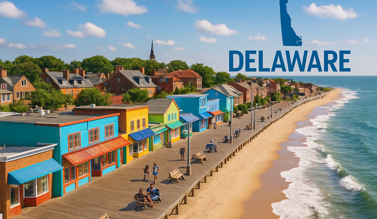 Delaware coastal scene featuring Rehoboth Beach boardwalk and historic Old New Castle town