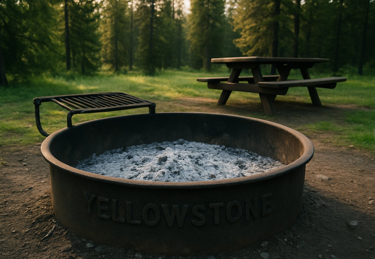 A designated metal fire ring in a Yellowstone National Park campground, completely extinguished with cold white ash, surrounded by forest and a wooden picnic table.