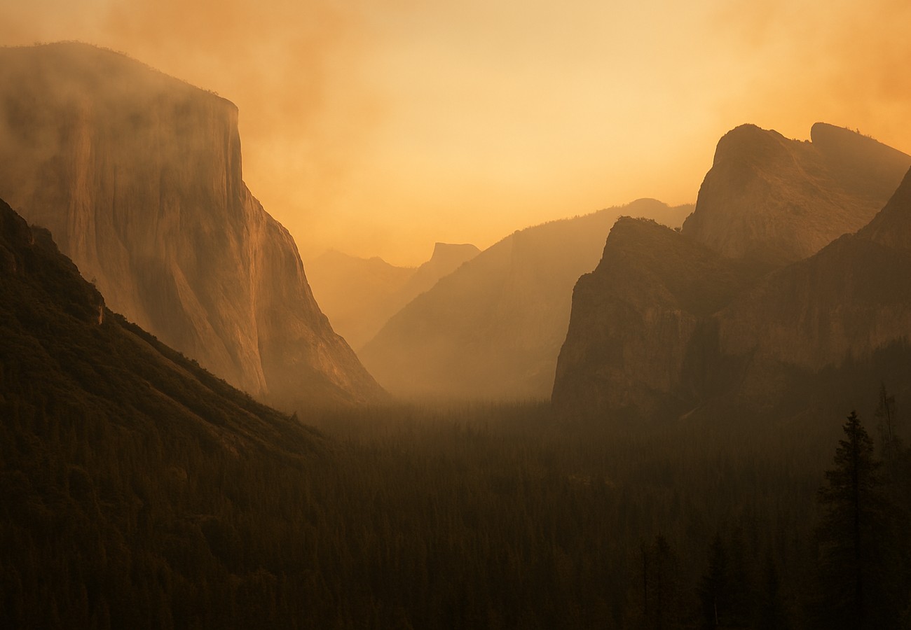 Yosemite Valley with a faint haze of wildfire smoke drifting across El Capitan and Half Dome, amber sunlight filtering through the smoke.