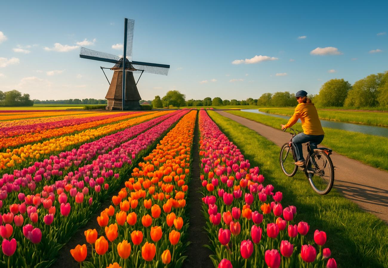 Vibrant tulip fields stretching across the Netherlands countryside during peak spring bloom season