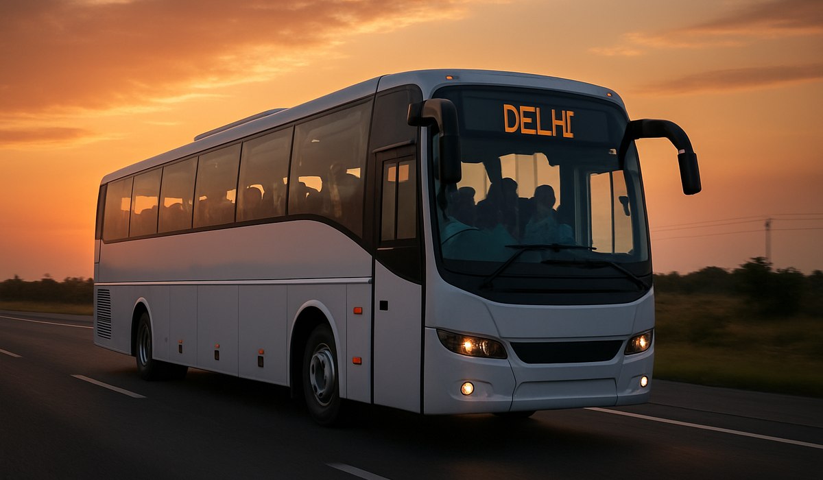 RedBus intercity bus terminal with passengers boarding, India 2026