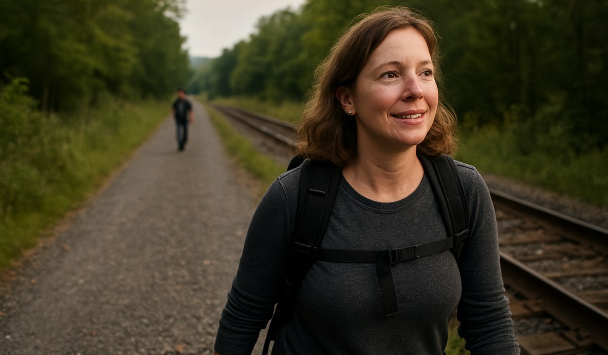 Scenic view of the Great Allegheny Passage rail trail winding through Pennsylvania's mountainous landscape with river valleys and forested terrain