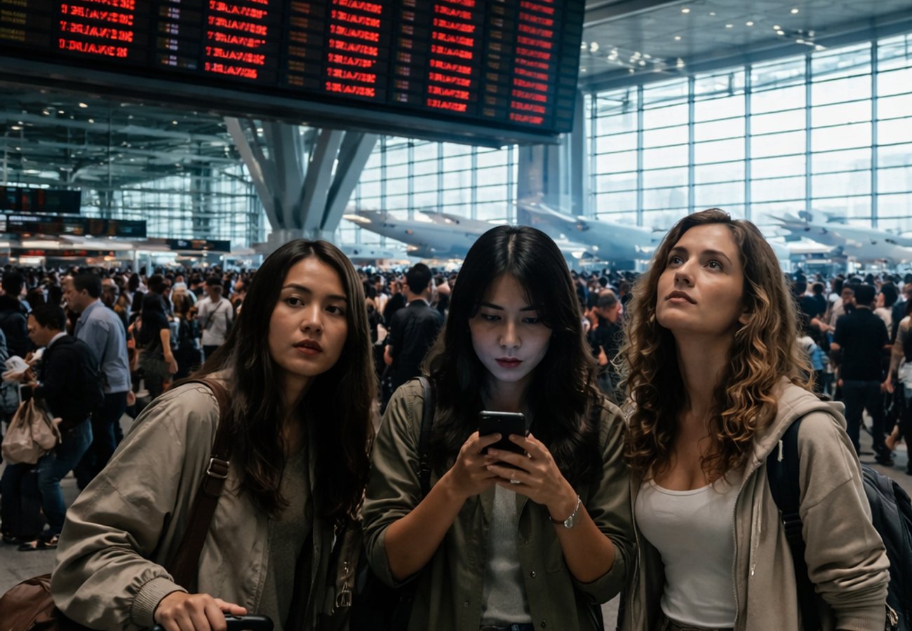 Crowded airport terminal showing flight cancellation boards during Asian aviation crisis