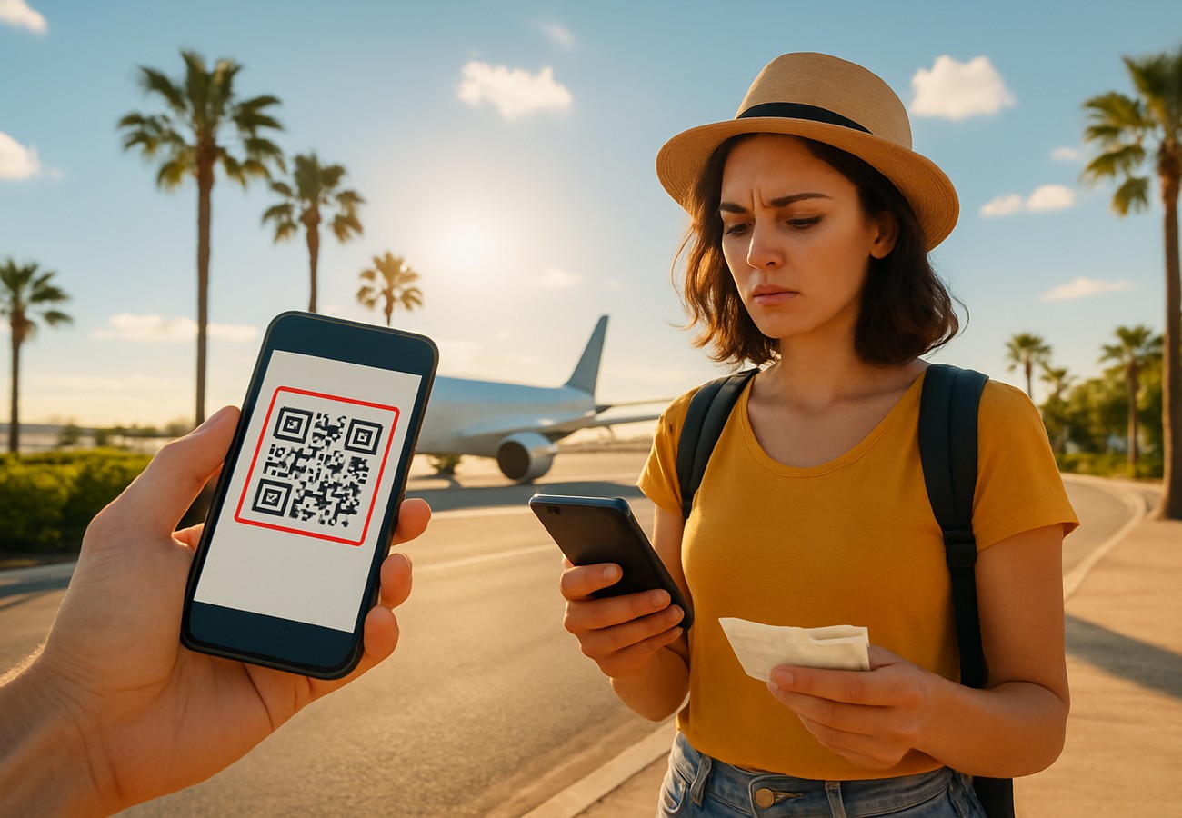 Summer travel scam warning showing QR code fraud and fake booking confirmation alerts