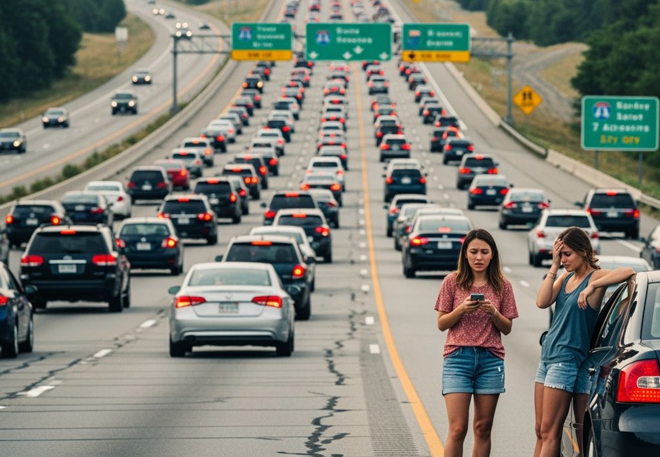 Congested highway during peak holiday travel with multiple vehicles in traffic