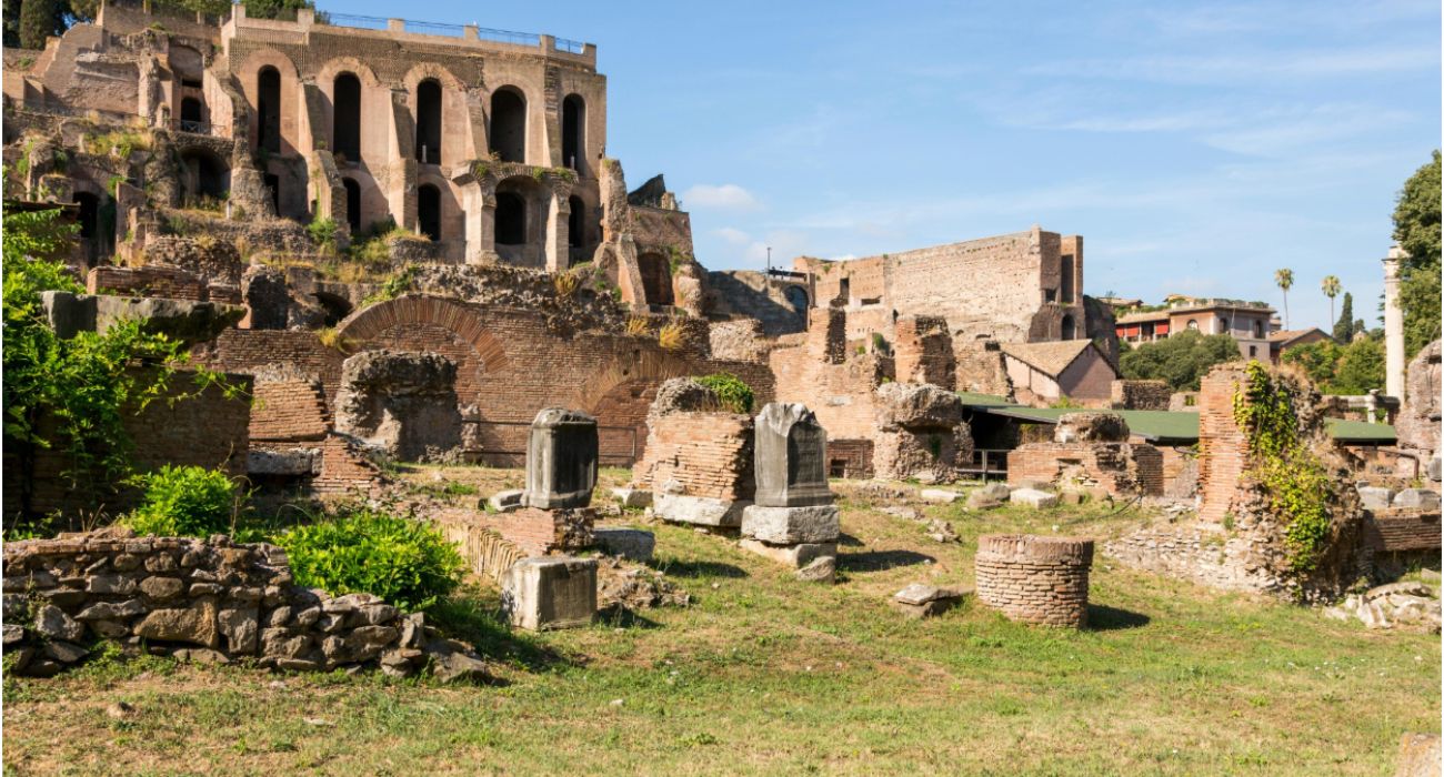 Ancient Roman ruins integrated with modern Rome architecture and buildings