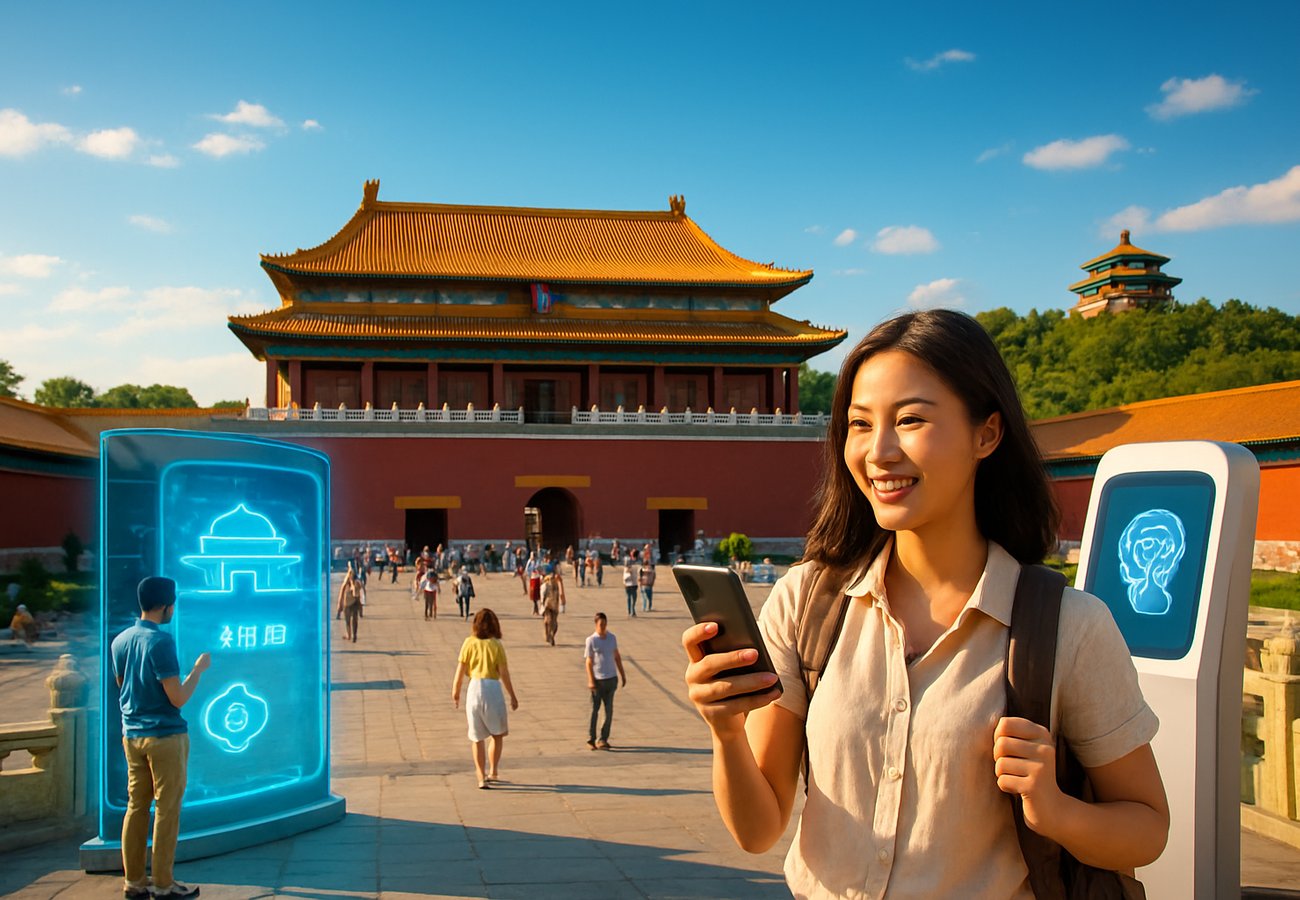 Beijing skyline with AI technology interface overlay representing smart tourism services