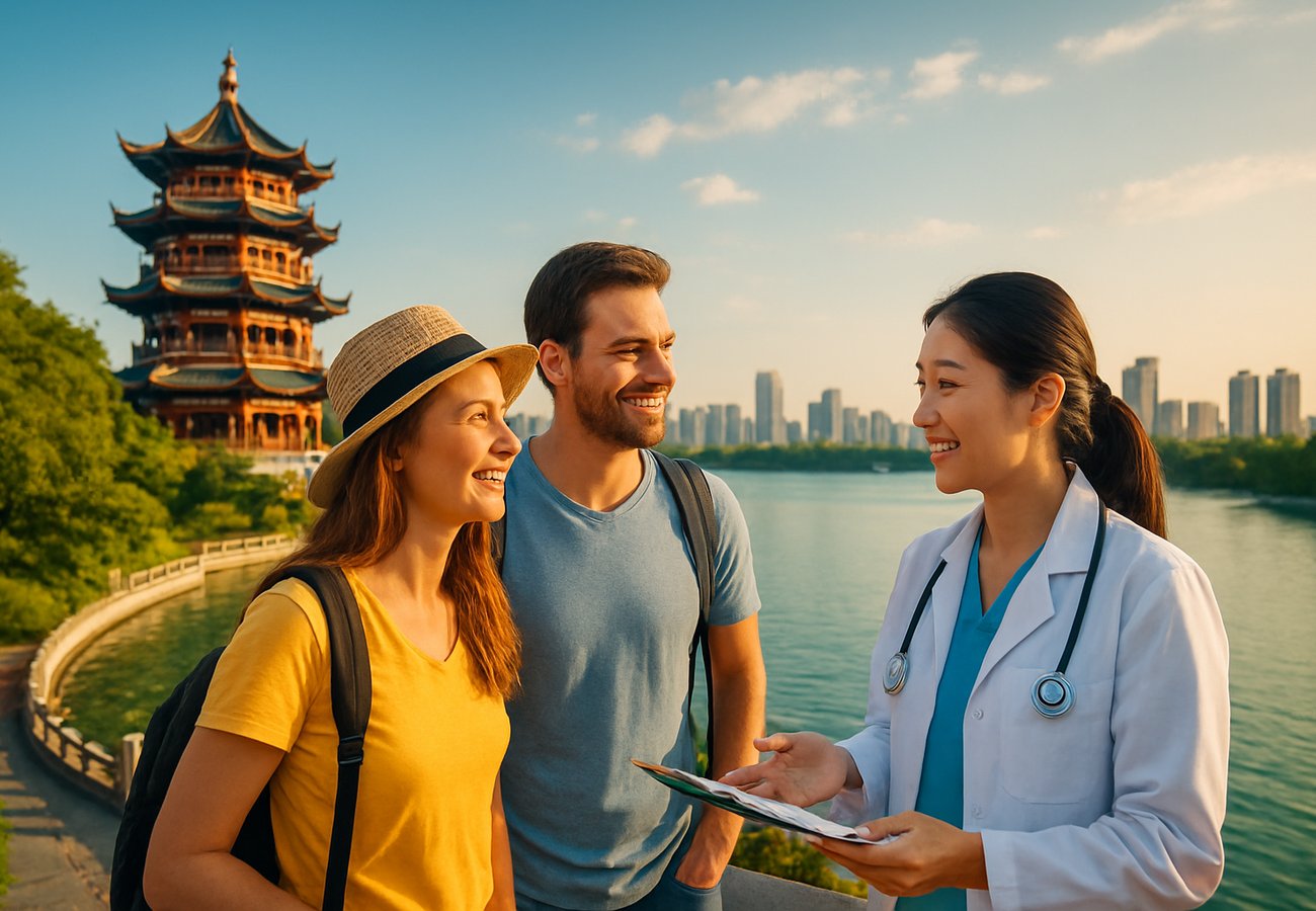Modern hospital corridor in Shanghai with international patients and medical staff