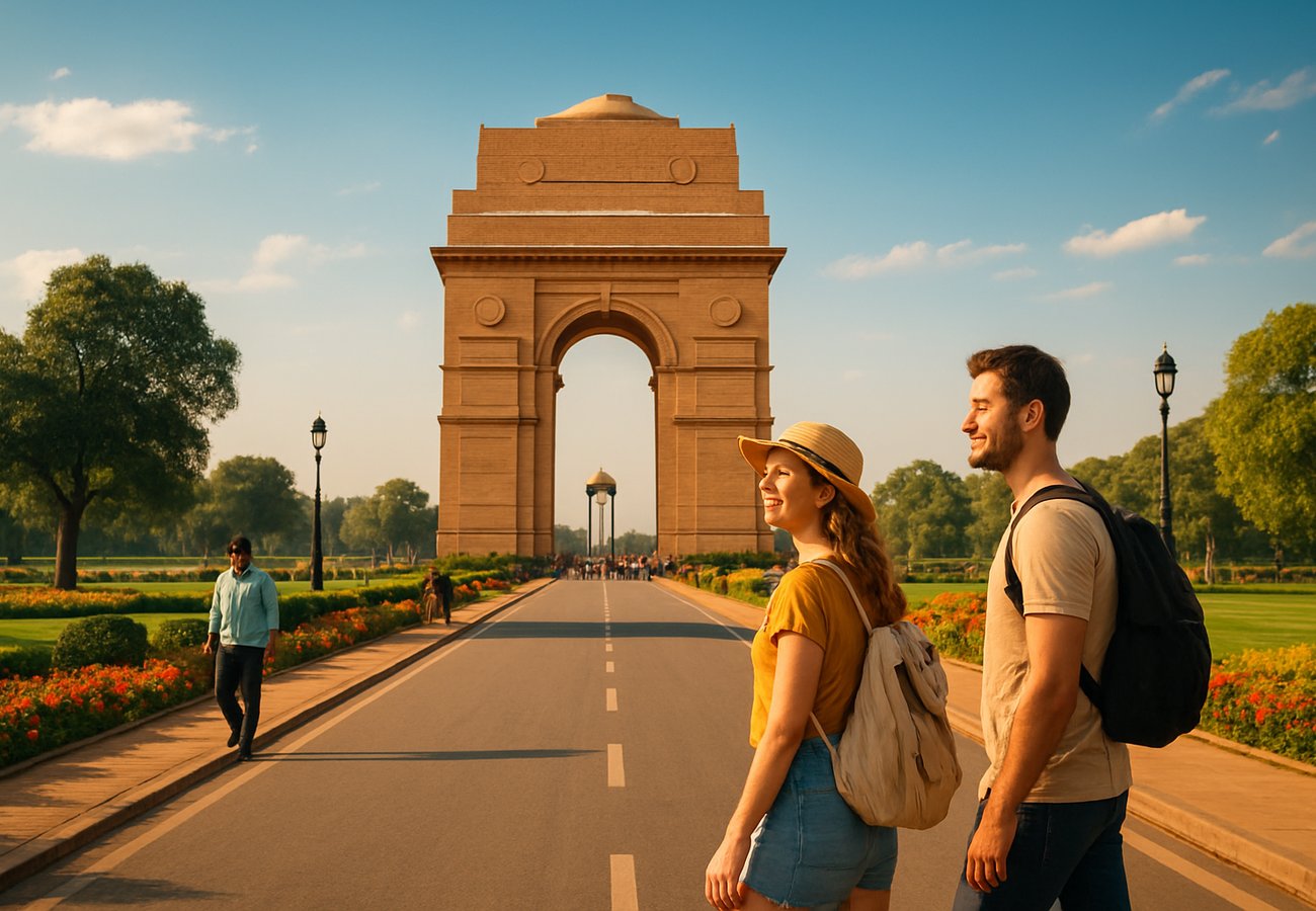 Delhi skyline with heritage monuments and modern cityscape
