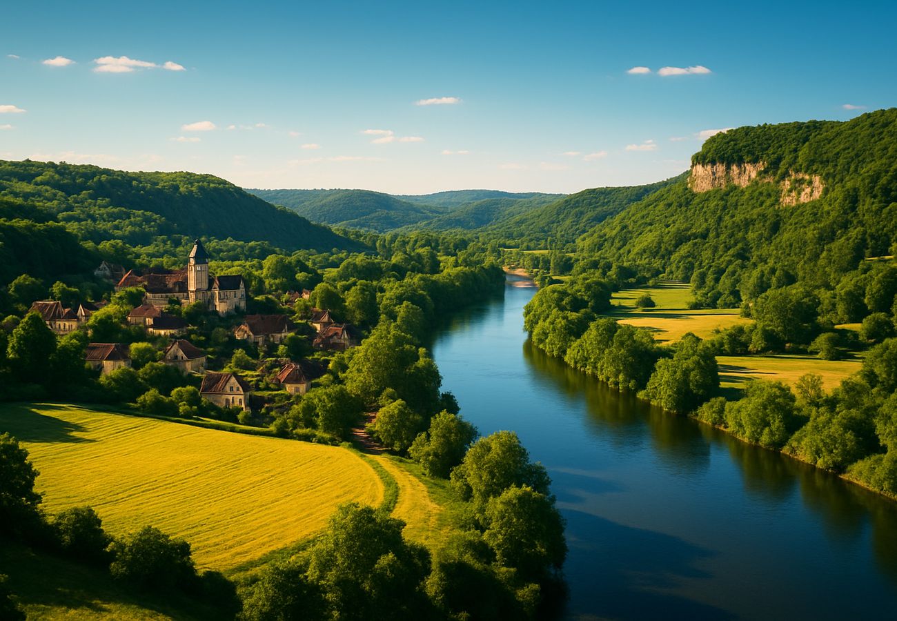 Scenic limestone cliffs and river valley in the Dordogne region of southwestern France