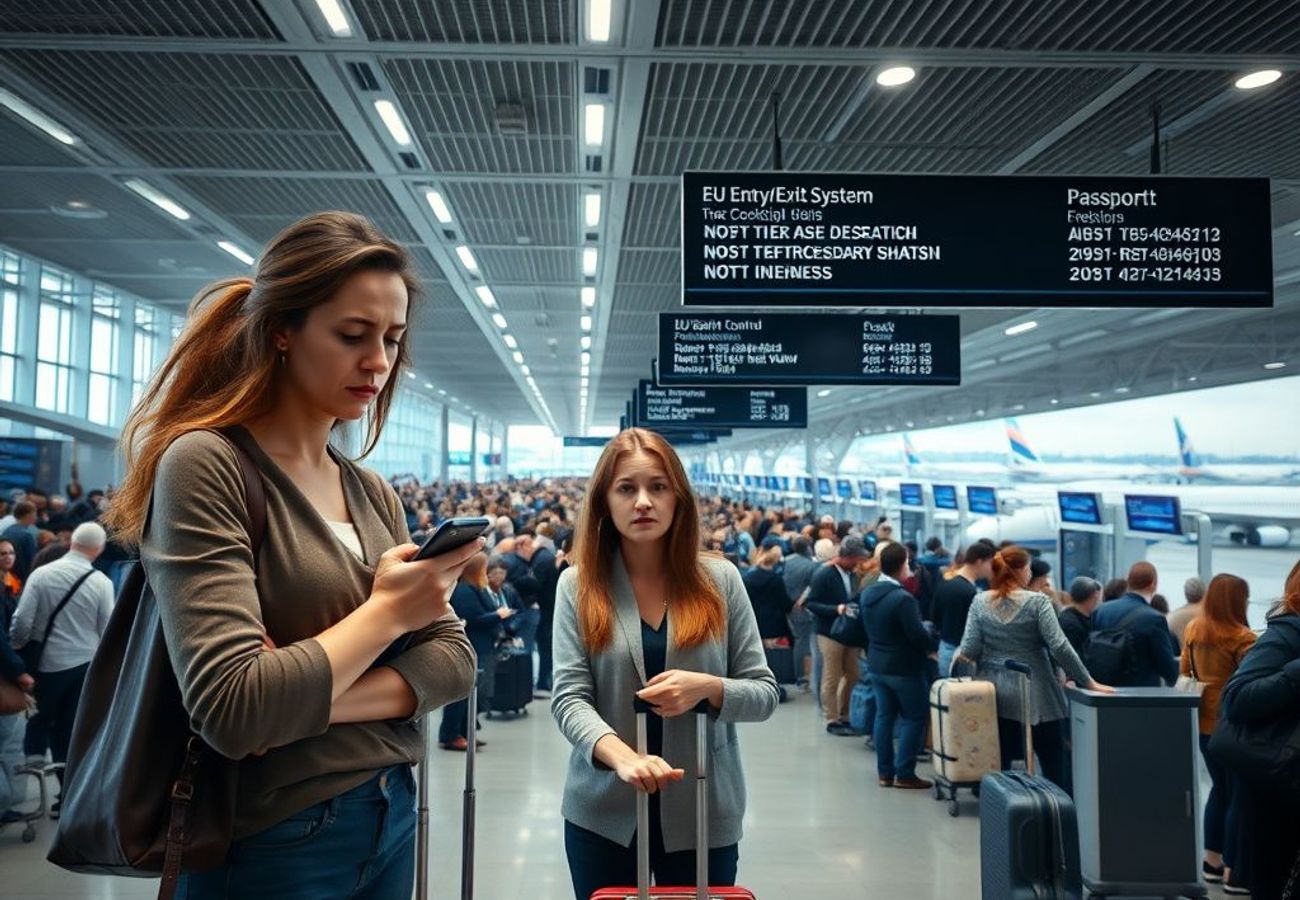 Long queues of British travelers waiting at EU airport border control terminals during peak summer season 2026