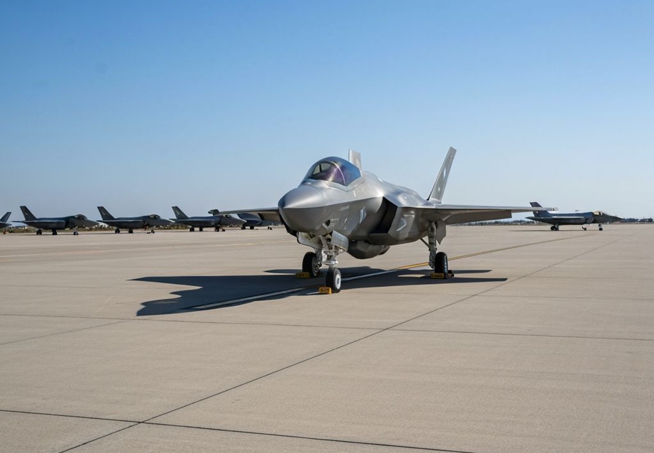F-35 Lightning II fighter jets lined up on factory floor at Fort Worth facility