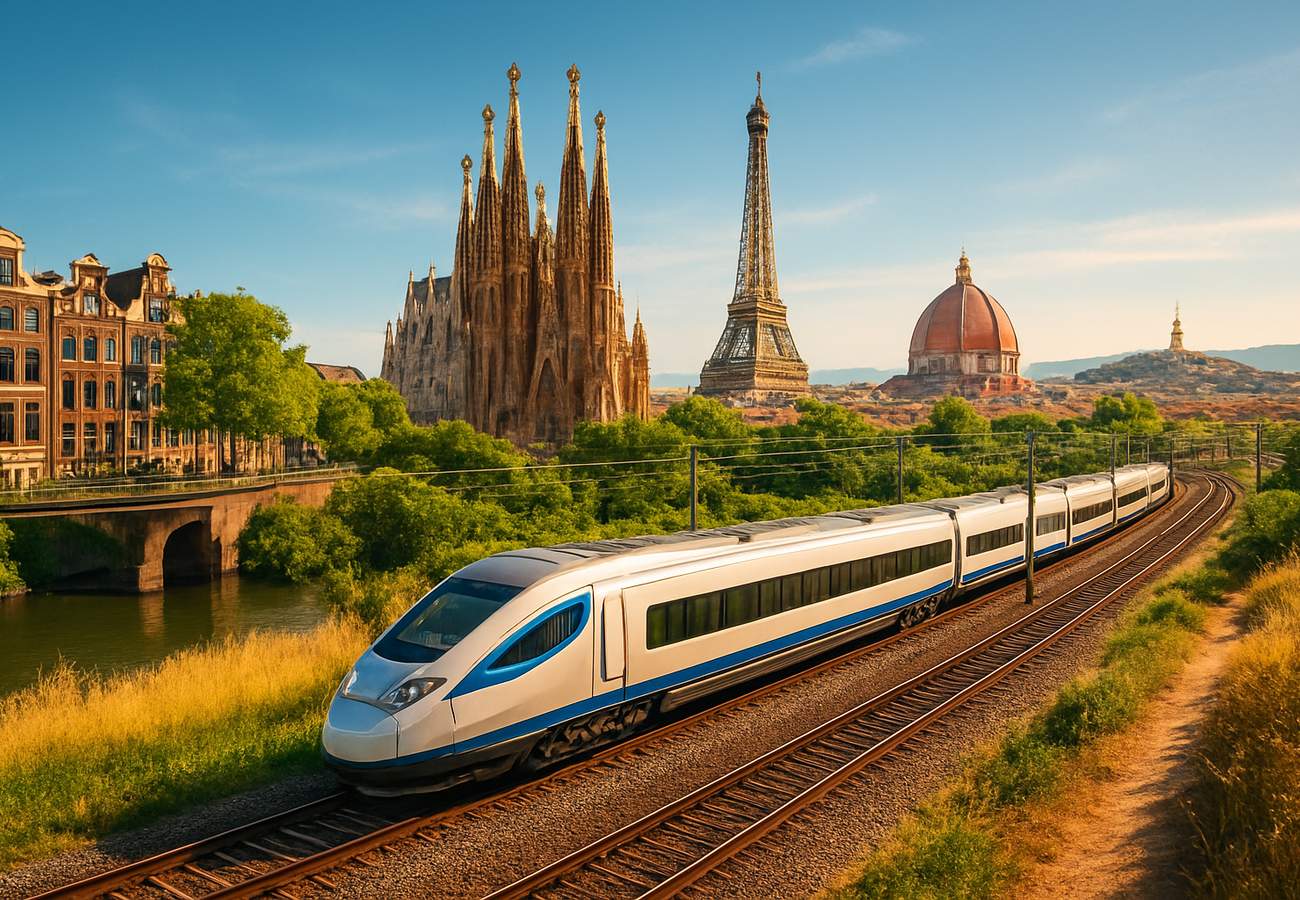 Scenic European train route passing through countryside with historic city skylines in distance