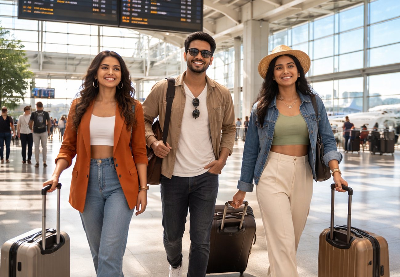 Frankfurt Airport international transit hub with Indian travelers connecting to long-haul destinations