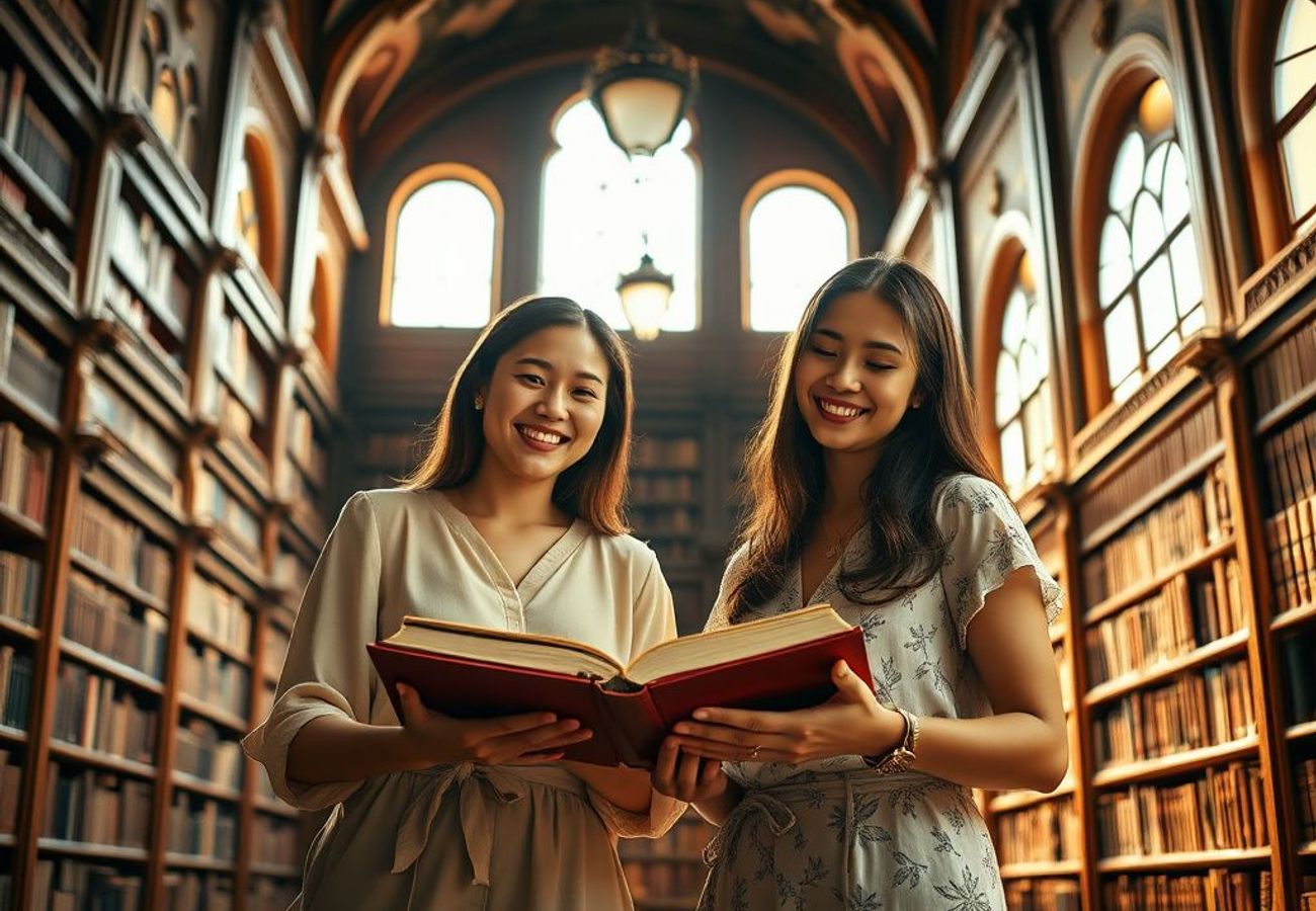 Restored French-colonial library in Hanoi with bookbound travelers