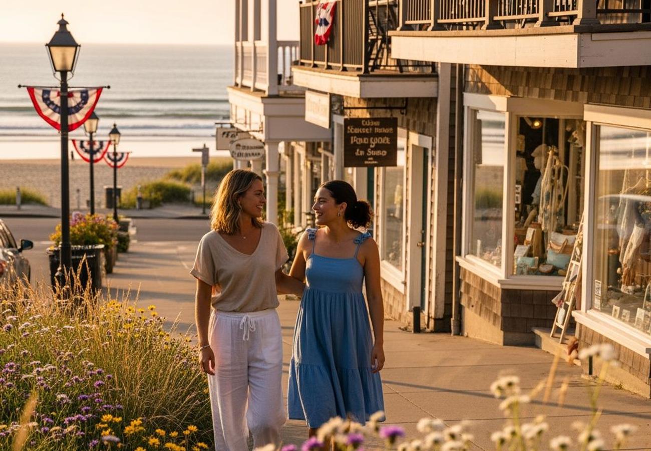 Scenic coastal town during sunset with minimal crowds and calm waters