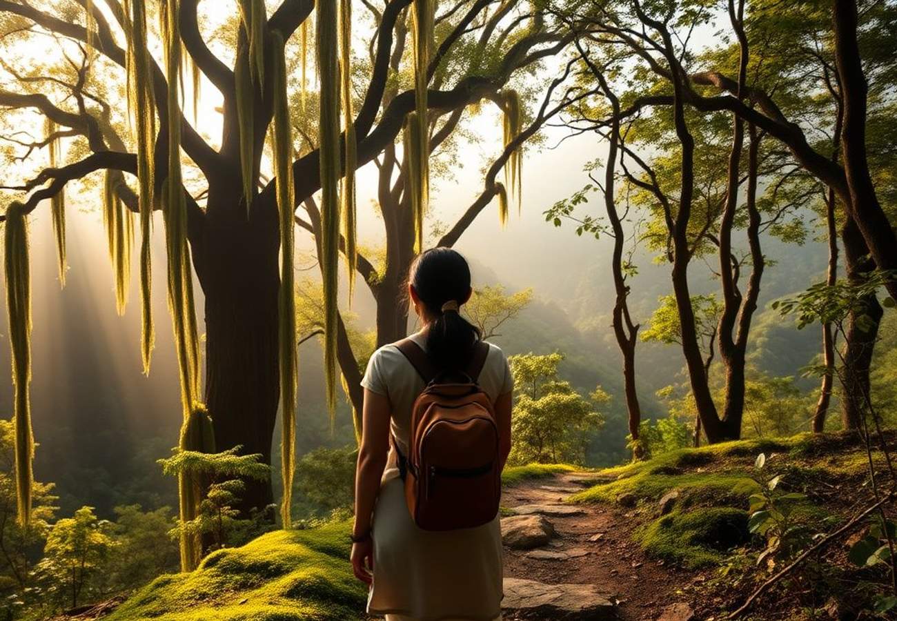 Lush green rainforest canopy in India with mist-covered peaks and cascading waterfalls during monsoon season