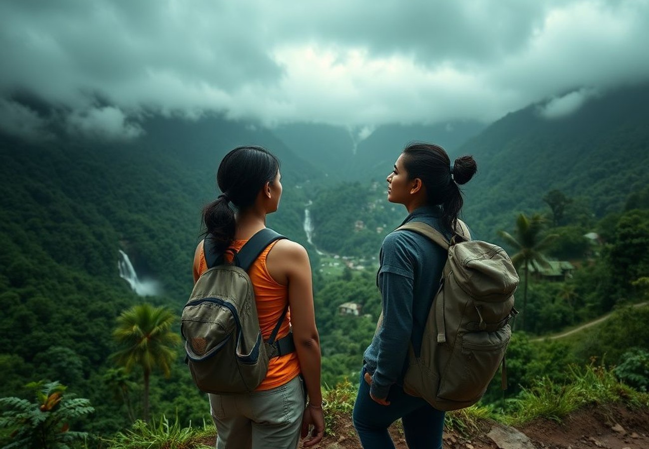 Monsoon rains transforming Himalayan and Rajasthani landscapes with mist-covered valleys and swollen rivers