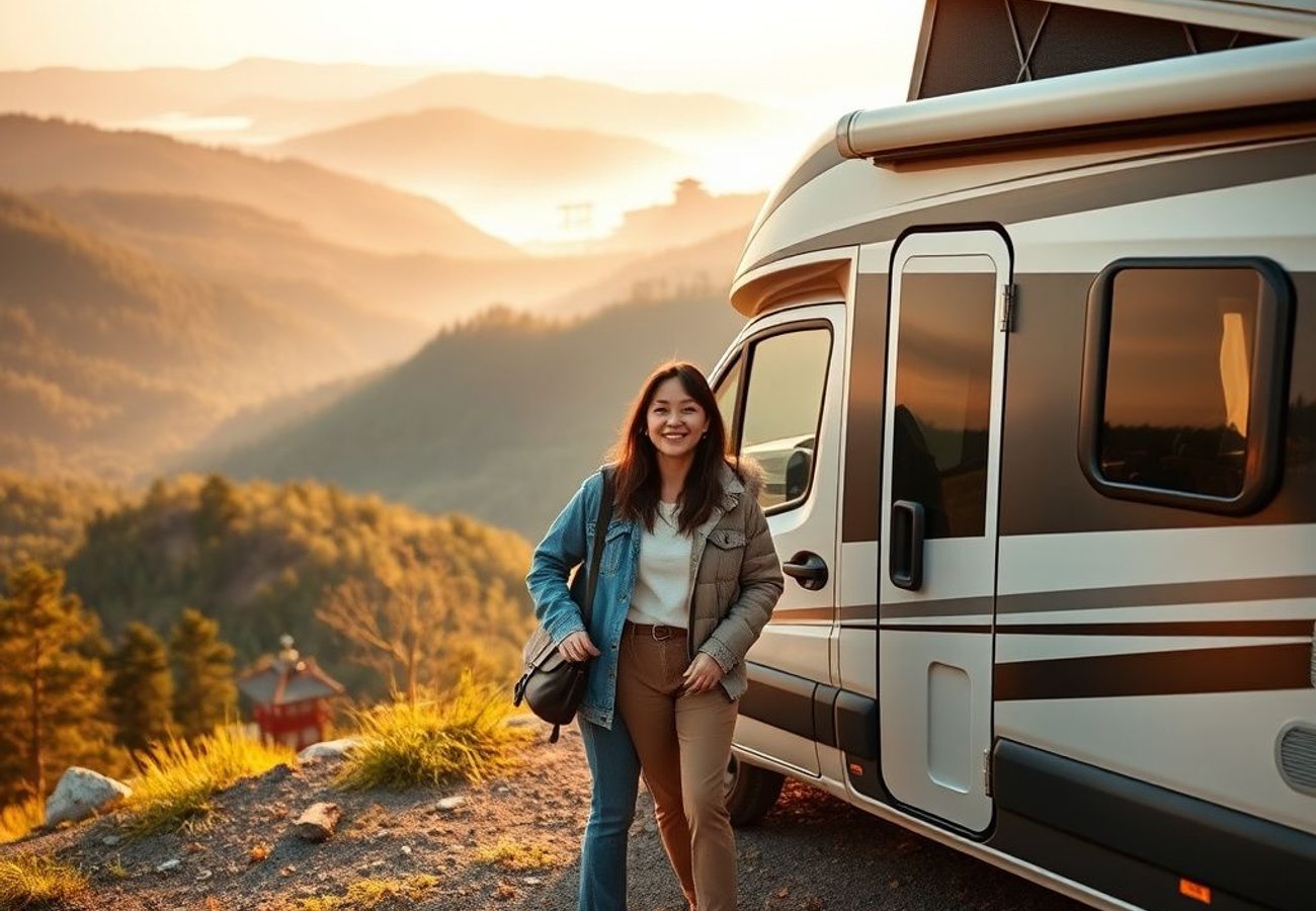 Scenic mountain landscape with RV camper van parked on Japanese coastal highway overlooking Hokkaido region