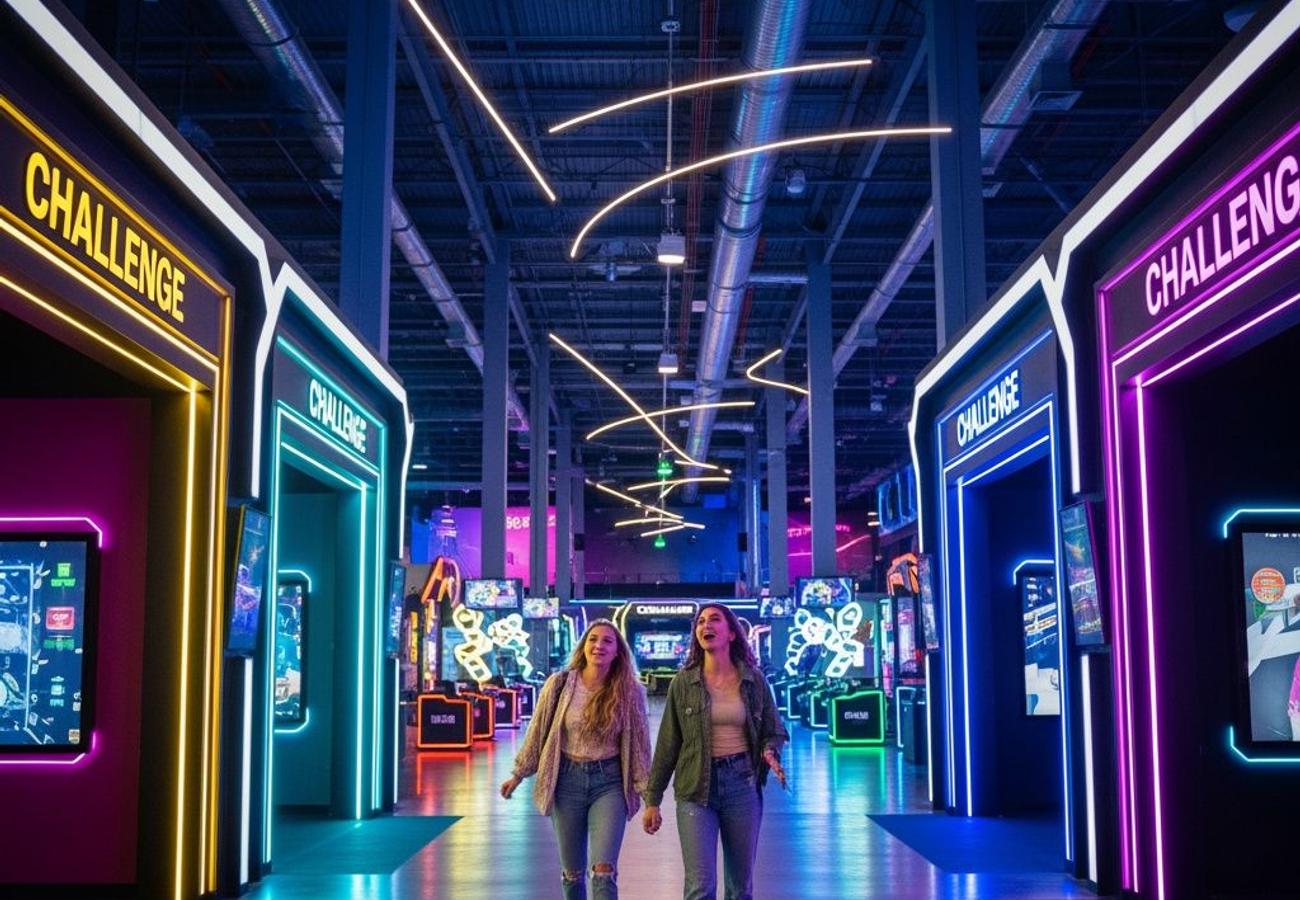 Level99 interactive challenge rooms at Disney Springs West Side entertainment district with multi-floor gaming setup